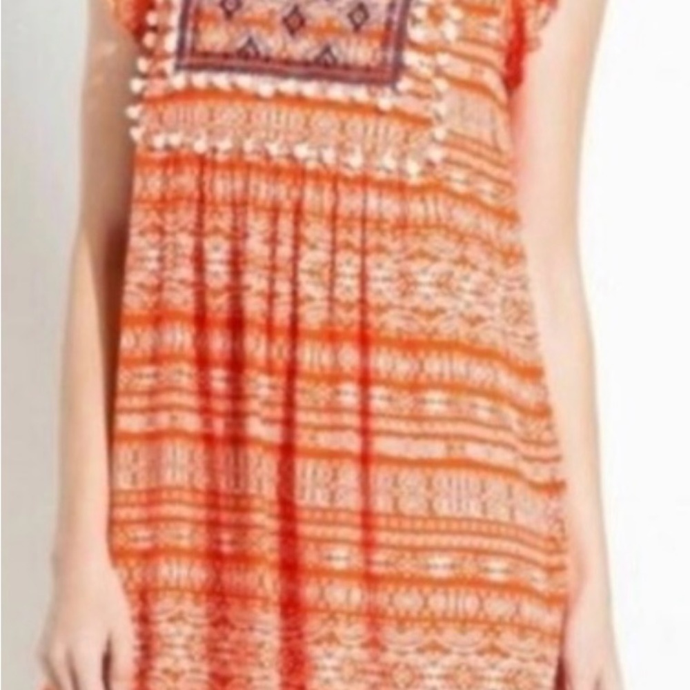 EUC The Impeccable Pig Orange Patterned Boho Fringe Embroidered Dresss Sz M